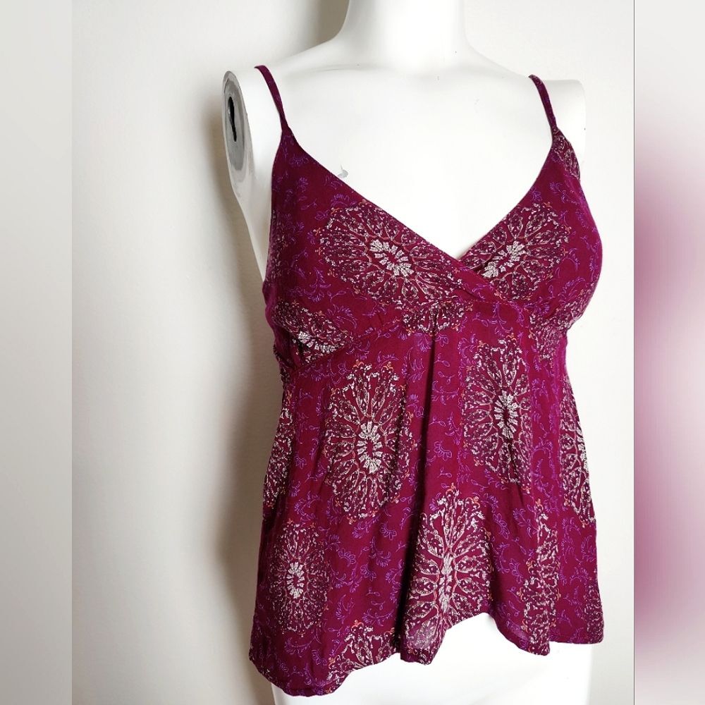 Gypsy Chic Red Purple Paisley Mandala Print Boho Peplum Cami Tank Top Blouse, S